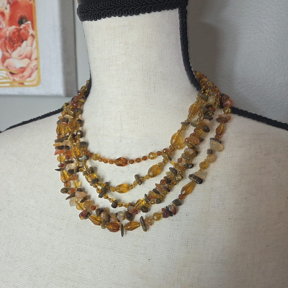 vtg monet 5 strand tiger eye amber glass chips stones ornate filigree necklace